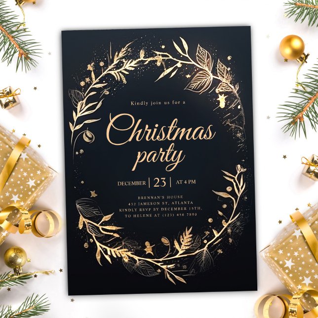 Minsta svarta Helgdag i Guld, Elegant, Party Inbjudningar (Minimal Black Gold Holiday Elegant Christmas Party Invitation)