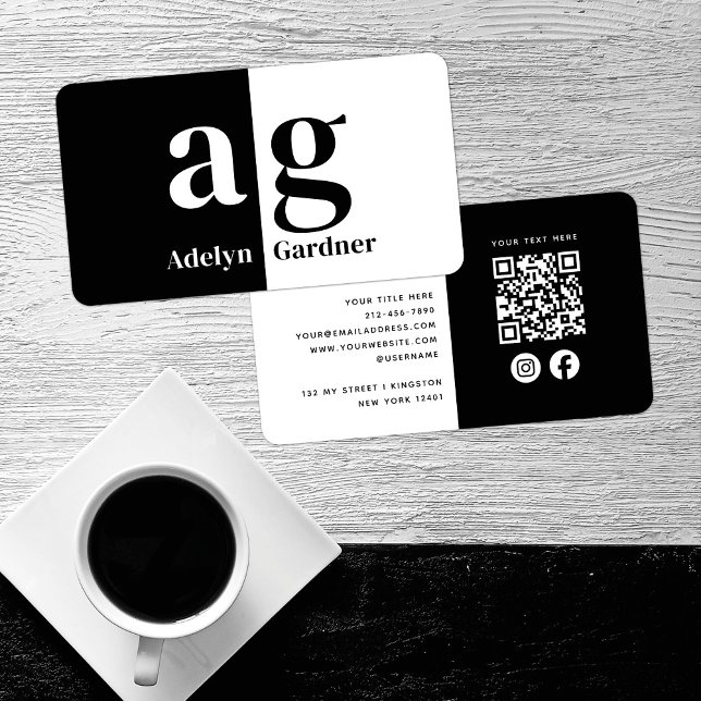 Minsta svarta vita monogram QR-kod Social-media Visitkort (Skapare uppladdad)
