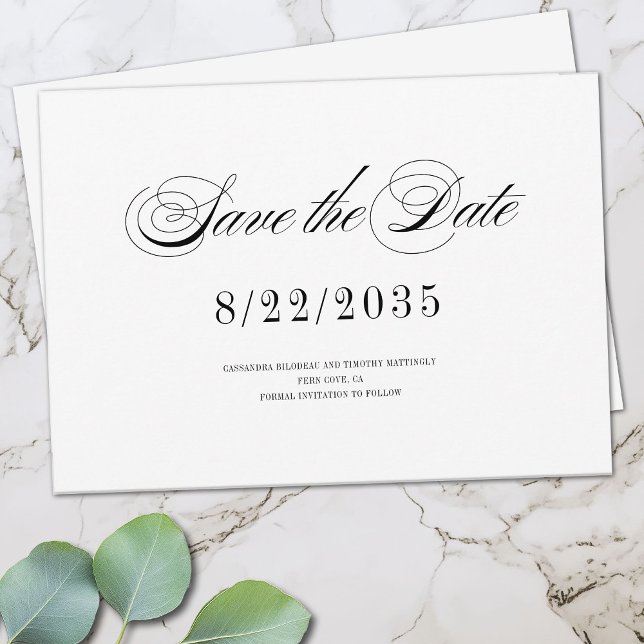 Minsta svartvita Roligt, romantiskt skript Bröllop Spara Datumet (Minimal modern Save the Date flat card with a vintage flair)
