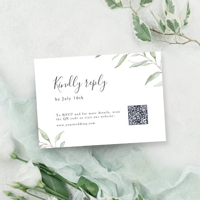 Minsta växttekniska bröllop QR-kod OSA Kort (Minimal greenery botanical rustic wedding QR code RSVP Card)