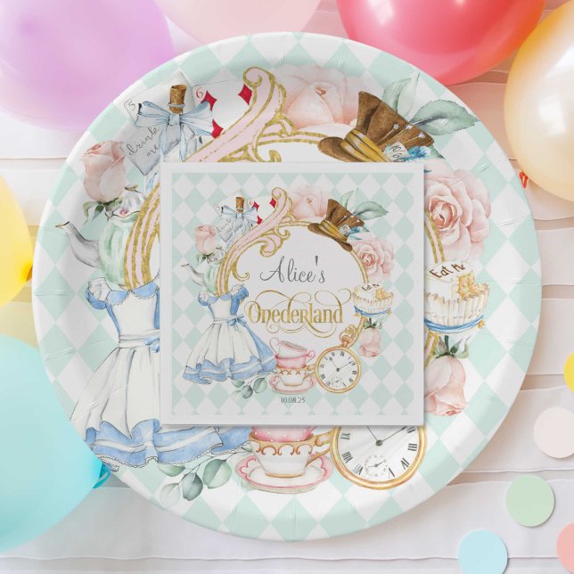 Mint Alice Wonderland tea party 1:a födelsedagen Pappersservett (Teal, Girl 1st birthday, Mad hatter, Tea party, Alice in Wonderland, birthday paper napkins.)