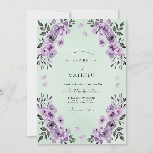 Mint Amethyst Watercolor Bröllop Inbjudningar (Framsida)
