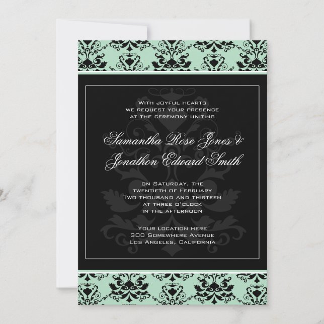 Mint and Black Damask Wedding bjudande Inbjudningar (Framsida)