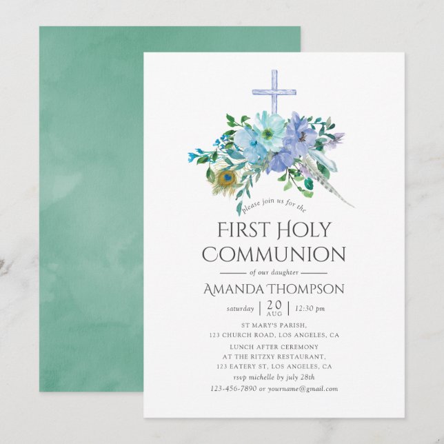 Mint and Blue Boho First Heliga Communion Inbjudningar (Fram/baksida)