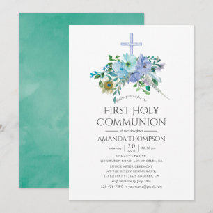 Mint and Blue Boho First Heliga Communion Inbjudningar