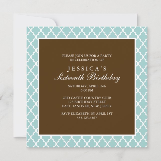 Mint and Brown Elegant Quatrefoil Birthday Inbjudningar (Framsida)