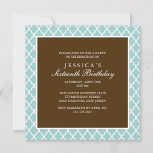 Mint and Brown Elegant Quatrefoil Birthday Inbjudningar