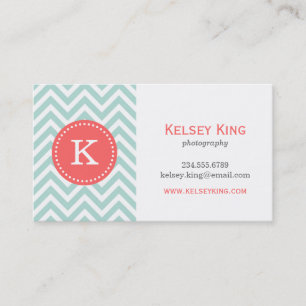 Mint and Coral Chevron Anpassningsbar Monogram Visitkort