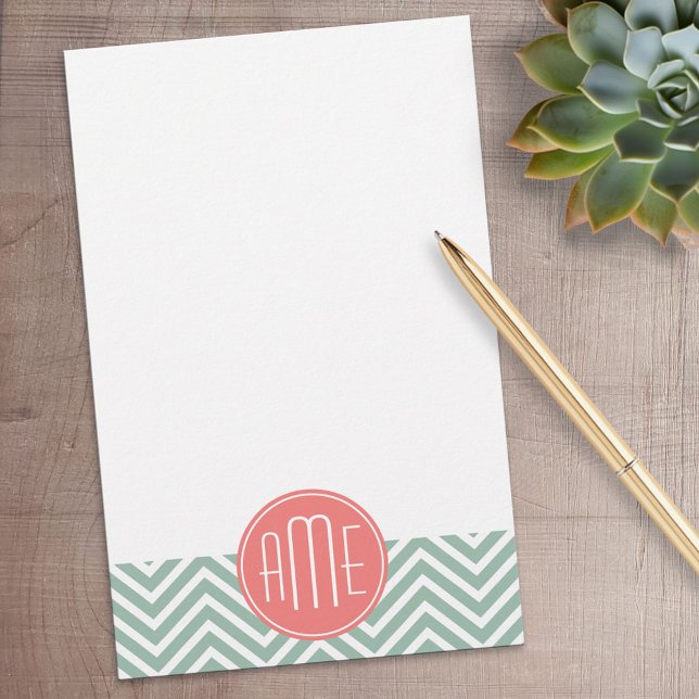 Mint and Coral Chevrons Anpassningsbar Monogram Brevpapper (Personalized Stationery)