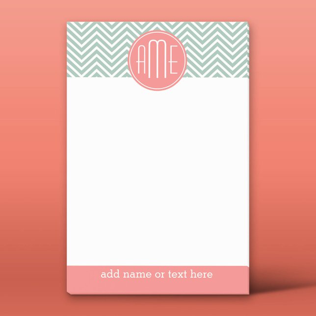 Mint and Coral Chevrons Anpassningsbar Monogram Post-it Block (Custom Post-it Notepad)