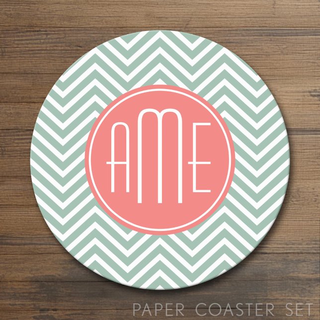 Mint and Coral Chevrons Anpassningsbar Monogram Underlägg Papper Rund (Custom Coaster)