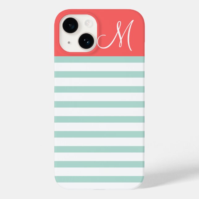 Mint and Coral Preppy Rand Anpassningsbar Monogram (Baksida)