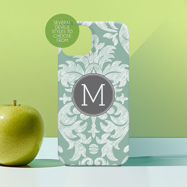 Mint and Grått Damask Pattern Anpassningsbar Monog (Personalized Phone Case with Custom Photos Text - Choose a Device Style)