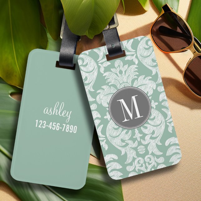 Mint and Grått Damask Pattern Anpassningsbar Monog Bagagebricka (Personalized Luggage Tag)