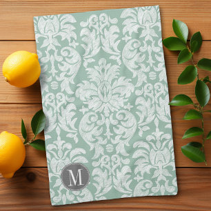 Mint and Grått Damask Pattern Anpassningsbar Monog Kökshandduk