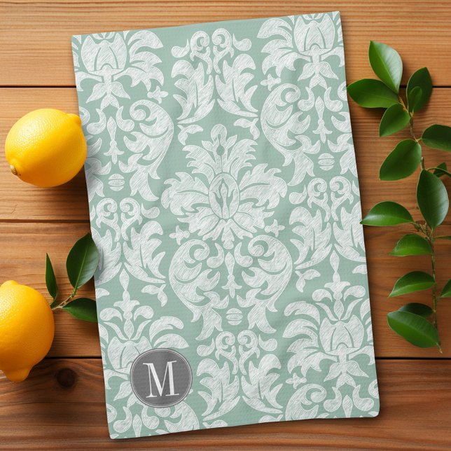 Mint and Grått Damask Pattern Anpassningsbar Monog Kökshandduk (Shabby chic lace damask pattern with a monogram kitchen towel)