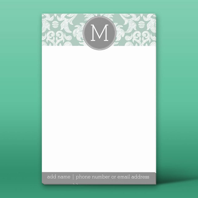 Mint and Grått Damask Pattern Anpassningsbar Monog Post-it Block (Custom Post-It Notes)