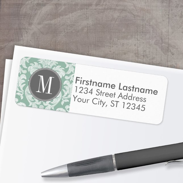 Mint and Grått Damask Pattern Anpassningsbar Monog Returadress Etikett (Custom Return Address Labels - Low Minimum)