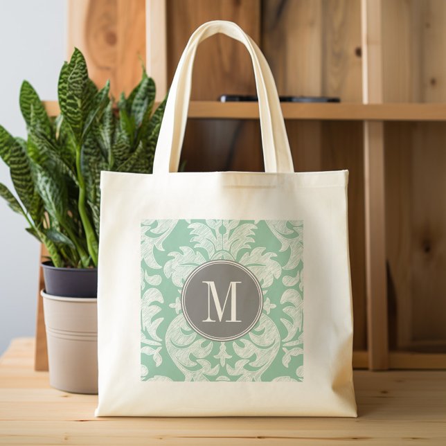 Mint and Grått Damask Pattern Anpassningsbar Monog Tygkasse (Personalized tote bag with chevrons and monogram)