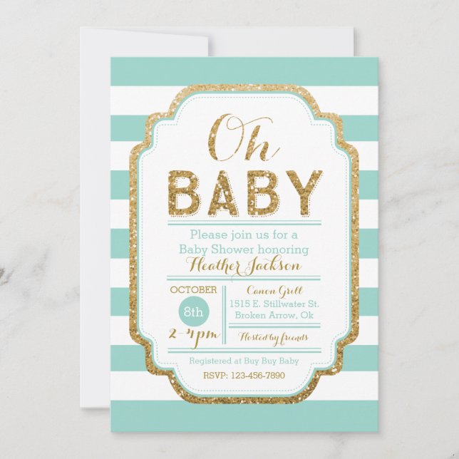 Mint and Guld Baby Shower-inbjudan, Flicka Inbjudningar (Framsida)