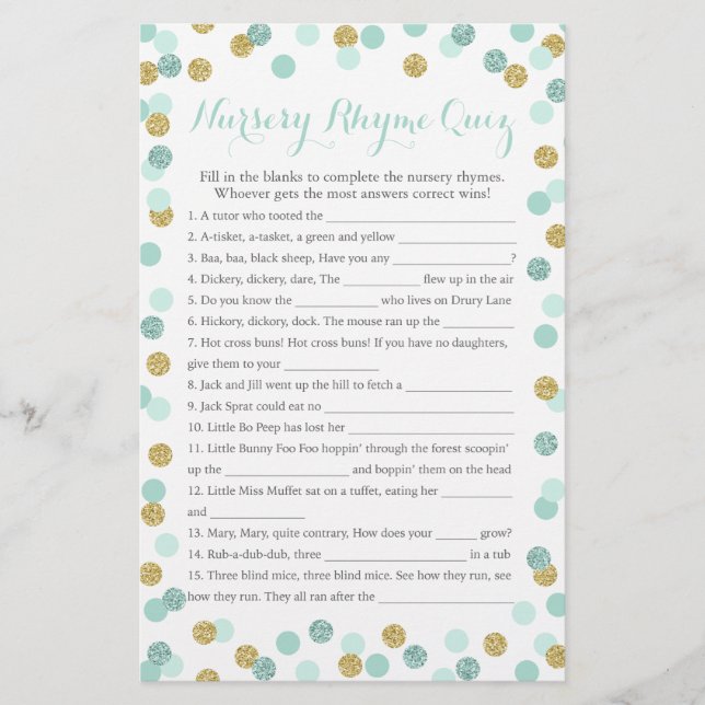 Mint and Guld Baby Shower Nursery Rhyme Quiz (Framsida)