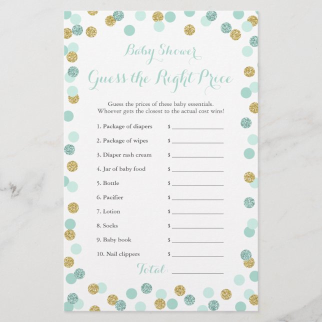 Mint and Guld Baby Shower Pris Höger Game Card (Framsida)