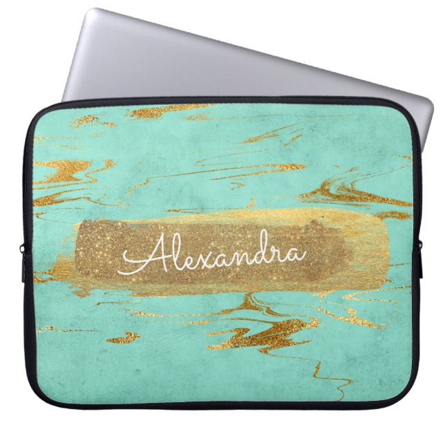 Mint and Marble with Gold Foil and Glitter Laptop Sleeve (Framsidan)