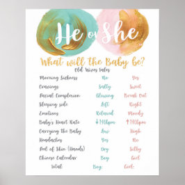 Mint and Peach Old Wives Tale Gender Reveal Sign Poster