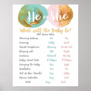 Mint and Peach Old Wives Tale Gender Reveal Sign Poster