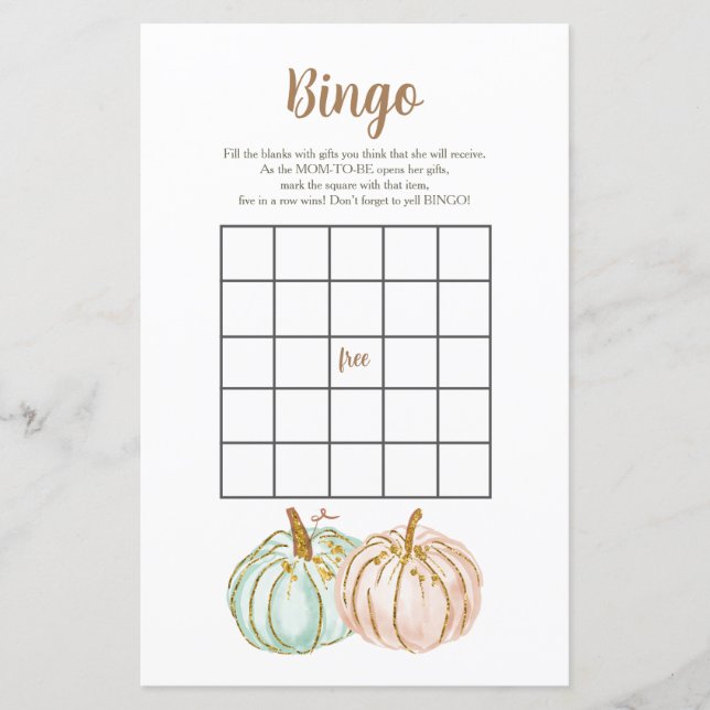 Mint and Peach Pumpkin Gender Reveal Bingo Game (Framsida)