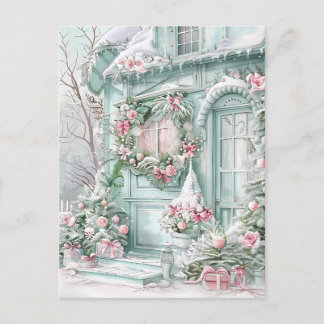 Mint and Pink Christmas House Postcard Vykort