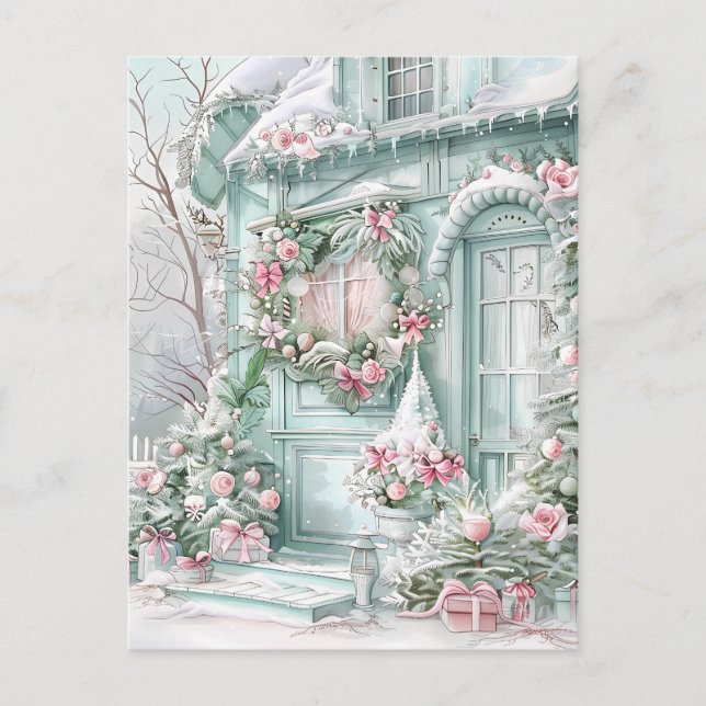 Mint and Pink Christmas House Postcard Vykort (Framsida)