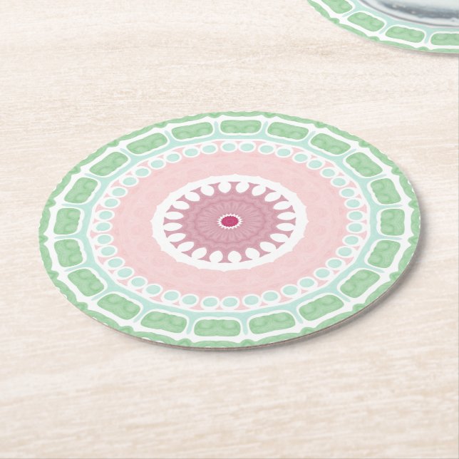 Mint and Pink Geometric Mandala Pattern Underlägg Papper Rund (Vinklad)