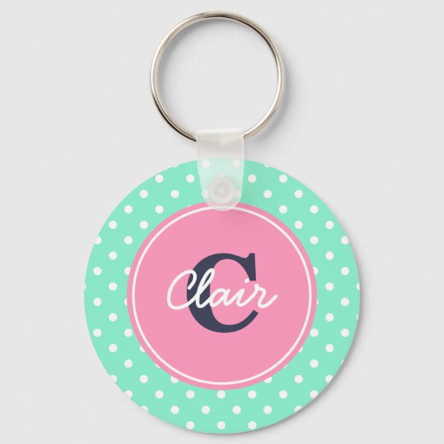 Mint and Rosa Dots, Initial och Namn Nyckelring (Framsida)
