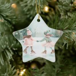 Mint and Rosa Girls Skating - Winter Scene Julgransprydnad Keramik