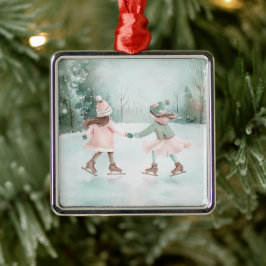 Mint and Rosa Girls Skating - Winter Scene Julgransprydnad Metall