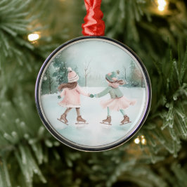 Mint and Rosa Girls Skating - Winter Scene Julgransprydnad Metall