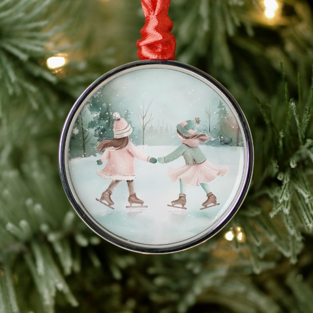 Mint and Rosa Girls Skating - Winter Scene Julgransprydnad Metall (Träd)