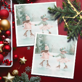 Mint and Rosa Girls Skating - Winter Scene Pappersservett