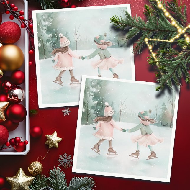 Mint and Rosa Girls Skating - Winter Scene Pappersservett (Skapare uppladdad)