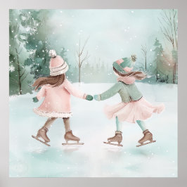 Mint and Rosa Girls Skating - Winter Scene Poster