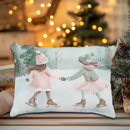 Mint and Rosa Girls Skating - Winter Scene Prydnadskudde