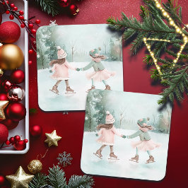 Mint and Rosa Girls Skating - Winter Scene Underlägg Papper Kvadrat