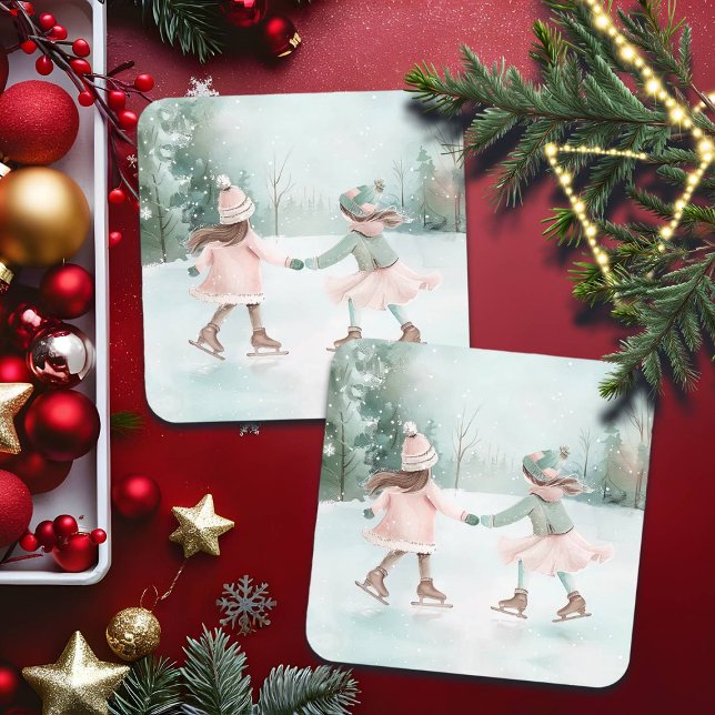 Mint and Rosa Girls Skating - Winter Scene Underlägg Papper Kvadrat (Skapare uppladdad)