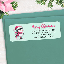 Mint and Rosa Ice Skating Penguin God jul Returadress Etikett