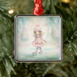Mint and Rosa Winter Scene Girl Skating Julgransprydnad Metall
