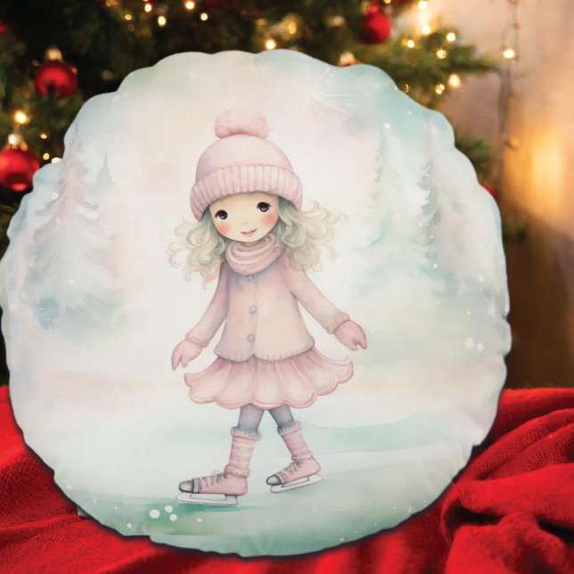 Mint and Rosa Winter Scene Girl Skating Rund Kudde (Skapare uppladdad)