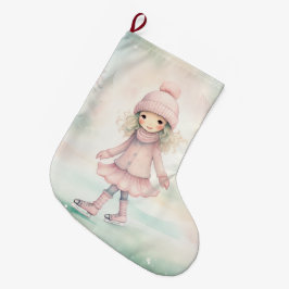 Mint and Rosa Winter Scene Girl Skating Stor Julstrumpa