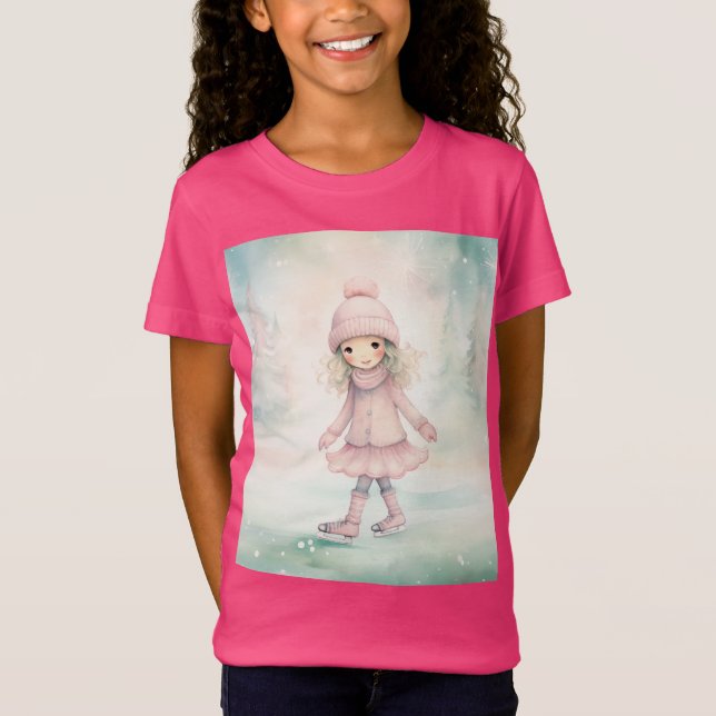 Mint and Rosa Winter Scene Girl Skating T Shirt (Framsida)