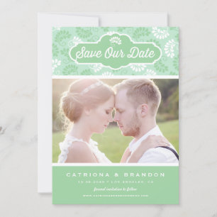 Mint and White Blommönster Photo Spara - vårt datu Inbjudningar